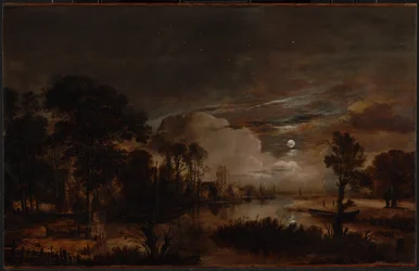 Paysage au clair de lune avec vue sur la rivière Amstel et le château Kostverloren
